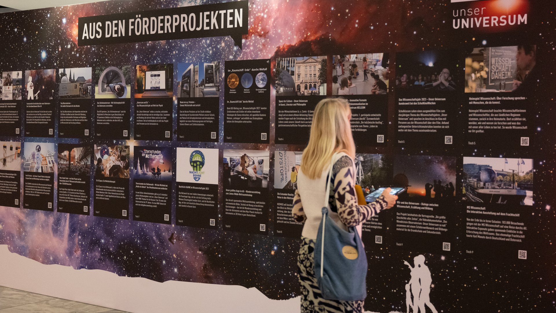 Eine Person steht vor einer Wand mit der Aufschrift "Aus den Förderprojekten". Darunter sind die Highlights der Förderprojekte mit Fotos abgebildet.