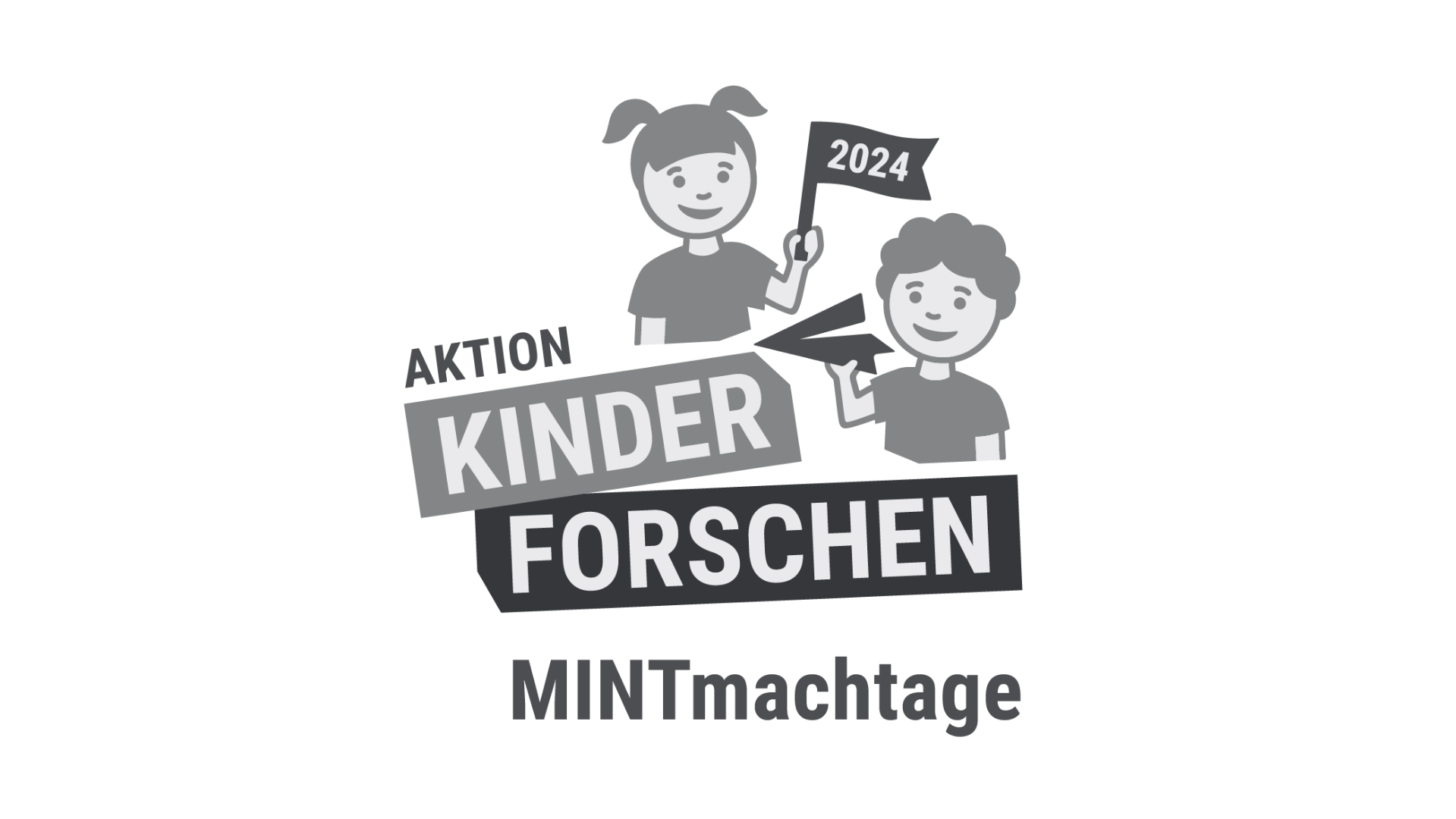 Schriftzug "Stiftung Kinder Forschen" mit der Unterschrift "MINTmachtage", darüber eine Zeichung von zwei Kindern.