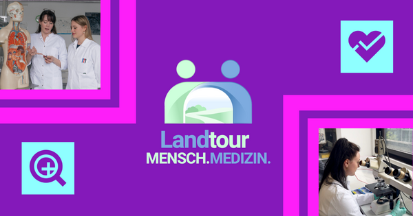 Collage mit zwei Bildern aus Forschung und Medizin in der Ecke links oben und rechts unten. Mittig: Logo und Schriftzug "Landtour – Mensch.Medizin"