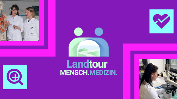 Collage mit zwei Bildern aus Forschung und Medizin in der Ecke links oben und rechts unten. Mittig: Logo und Schriftzug "Landtour – Mensch.Medizin"