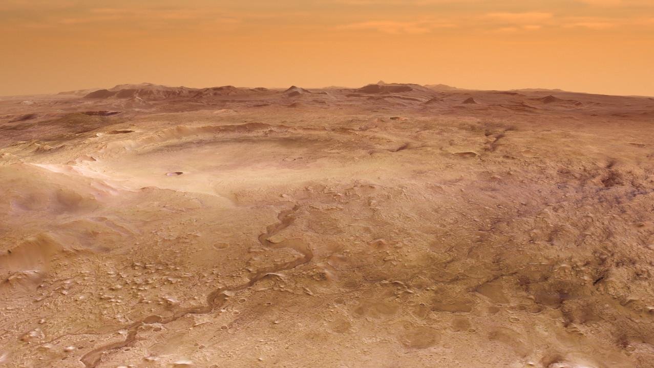 Bräunliche Mars-Oberfläche mit Kratern und Erhebungen