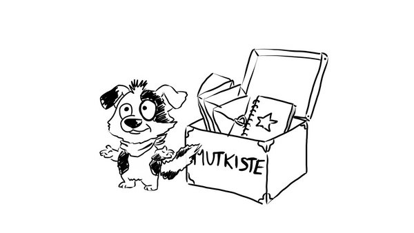 Eine Illustration eines Hundes, der neben einer Kiste mit der Aufschrift "Mutkiste" steht.