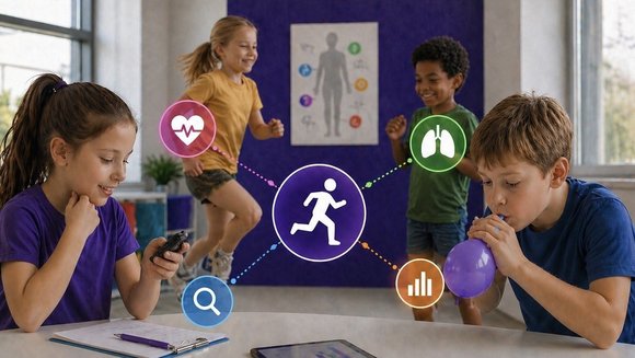 Zwei Kinder sitzen an einem Tisch, zwei springen im Hintergrund, in der Mitte des Bildes grafische Symbole von einem Herz, einer Lunge, einer Lupe, einem Säulendiagramm und einer laufenden Person