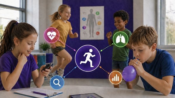 Zwei Kinder sitzen an einem Tisch, zwei springen im Hintergrund, in der Mitte des Bildes grafische Symbole von einem Herz, einer Lunge, einer Lupe, einem Säulendiagramm und einer laufenden Person