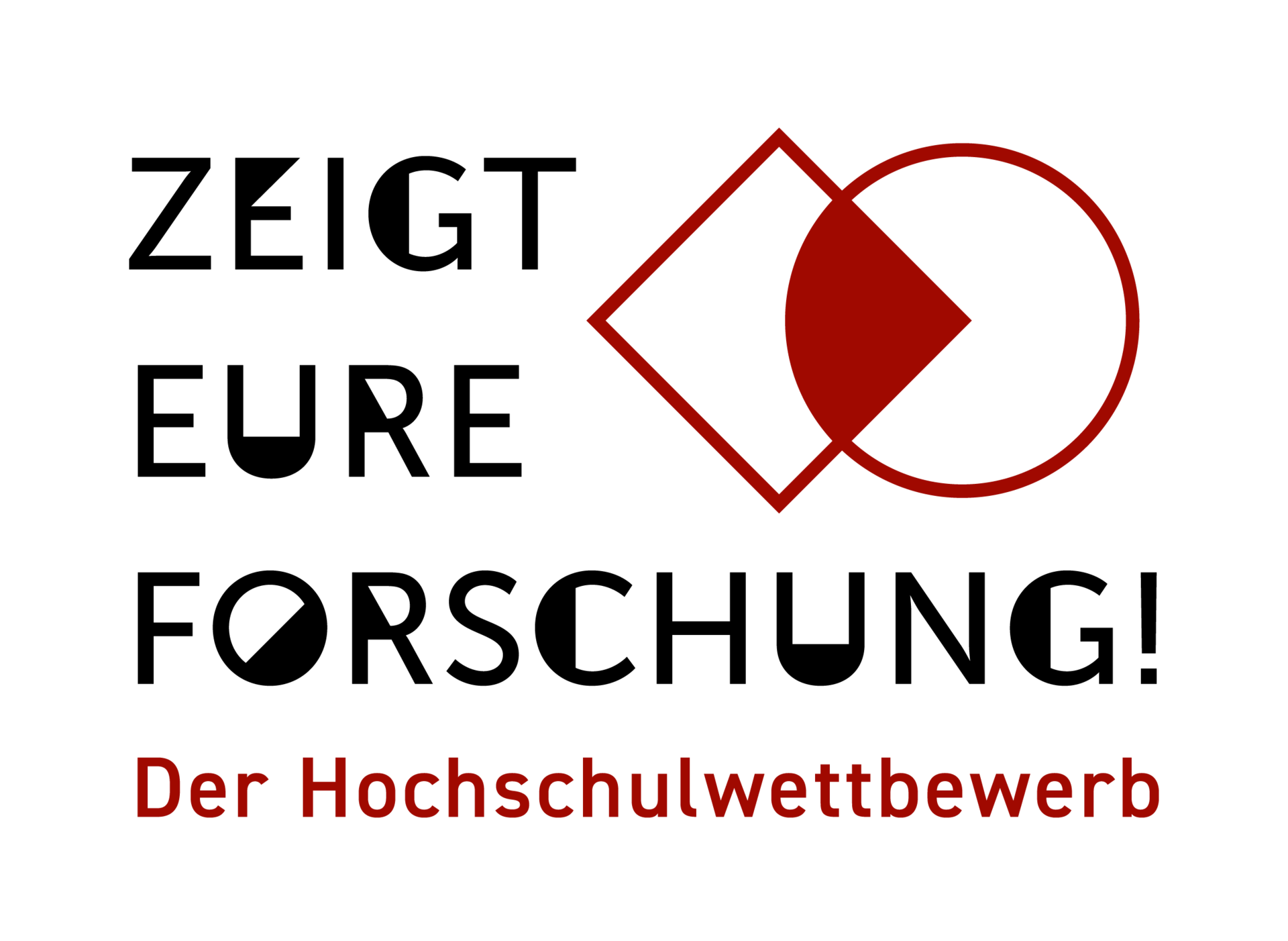 Rotes Logo mit Schwarzer Schrift "Zeigt eure Forschung - Der Hochschulwettbewerb" 