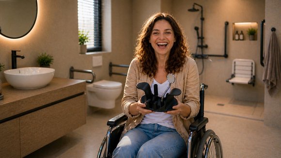 Eine Frau im Rollstuhl hält das Hilfsmittel 2LIP in einem Badezimmer.