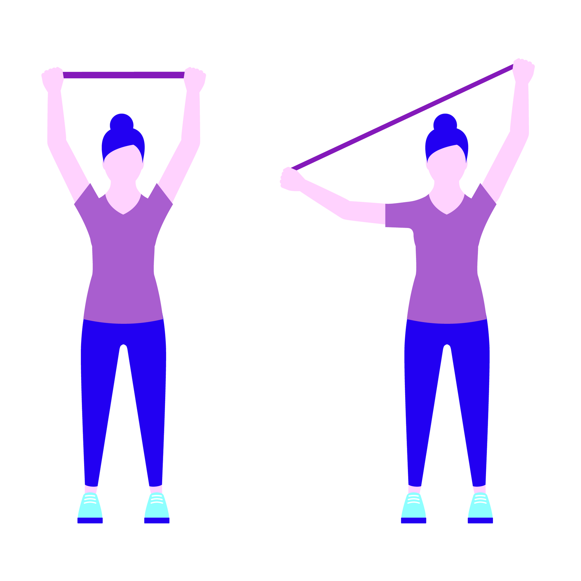 Zwei Abbildungen einer illustrierten Person, die ein Band mit beiden Händen über den Kopf hält. In einer Position hält sie es gerade, in der anderen schräg.