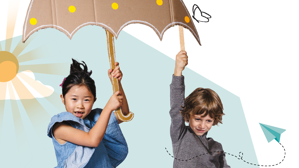 Projektbild MINTmachtage: Collage mit zwei Kindern unter einem Regenschirm.
