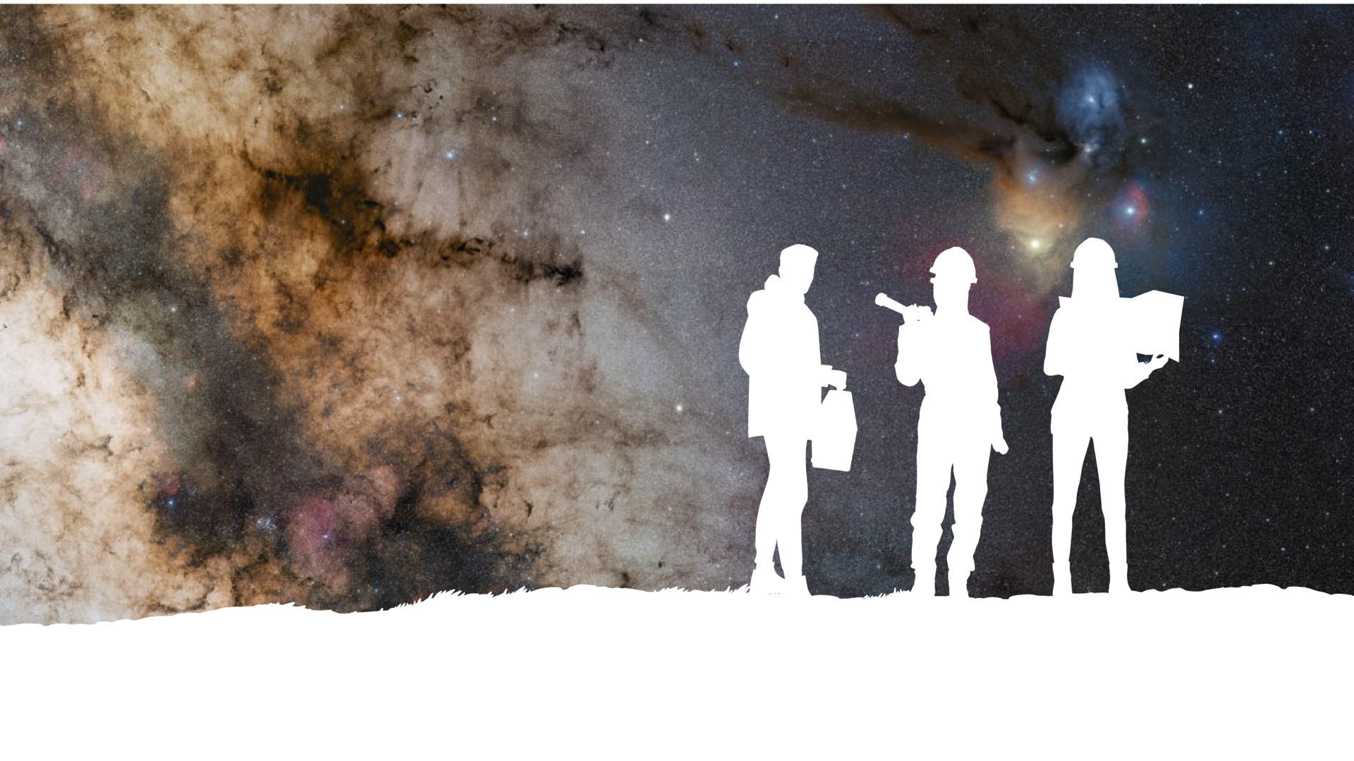weiße Silhouetten von drei Jugendlichen vor einem Weltraumhintergrund