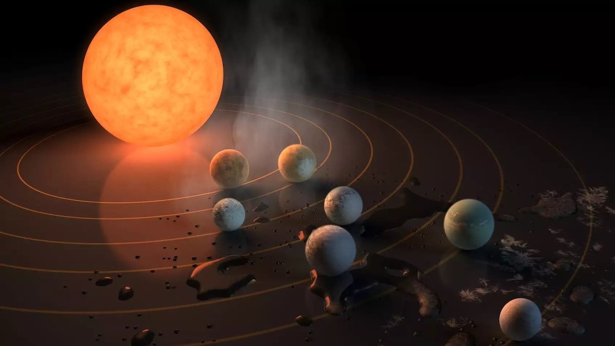 Künstlerische Darstellung von TRAPPIST-1 und seinen Sieben Planeten. Dampf, Wasserpfützen und Eiskristalle zeigen an, wo flüssiges Wasser existieren kann.