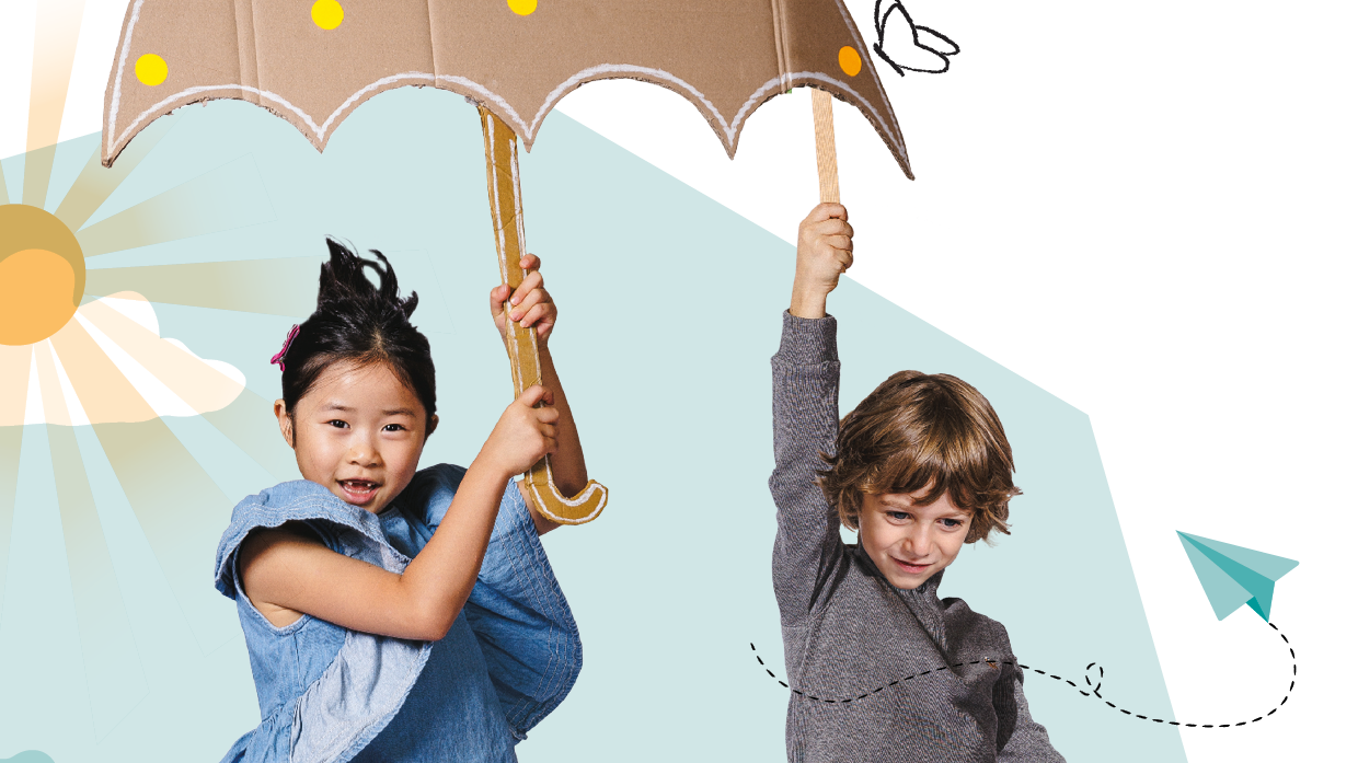 Projektbild MINTmachtage: Collage mit zwei Kindern unter einem Regenschirm.