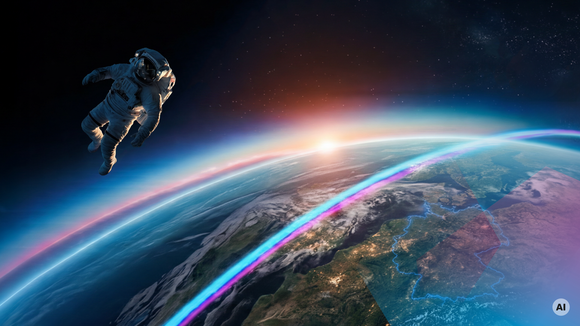 Ein Astronaut schwebt über der Erde, am Horizont Sonnenaufgang und farbiger Lichtbogen.