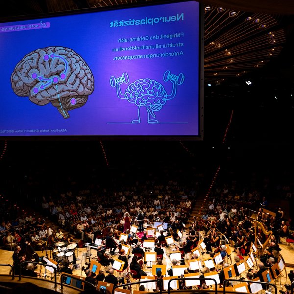 Orchester auf der Bühne der Kölner Philharmonie, darüber eine Leinwand mit der Abbildung eines Gehirns