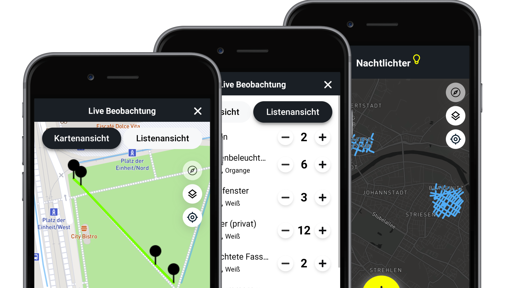 Drei Screenshots der Nachtlichter-App