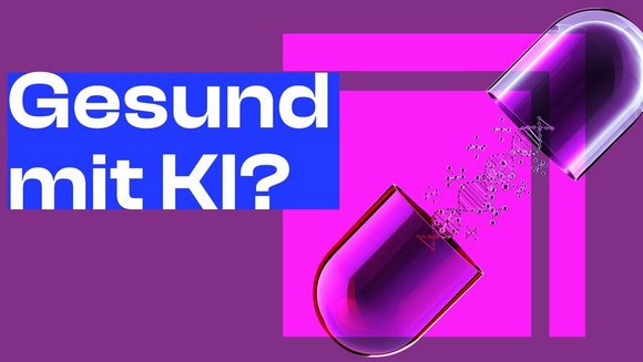 Pille, in der sich ein DNA-Strang befindet, daneben steht: Gesund mit KI?