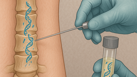 Illustration: Mit einer Pipette wird eine Probe aus dem Rückenmark entnommen.