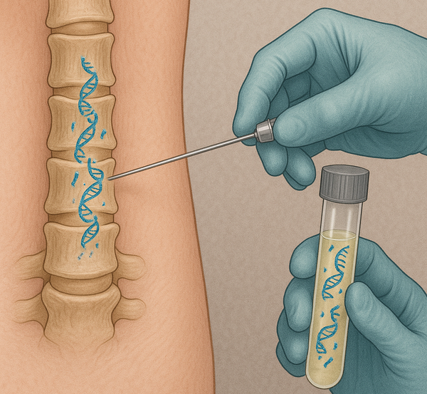 Illustration: Mit einer Pipette wird eine Probe aus dem Rückenmark entnommen.