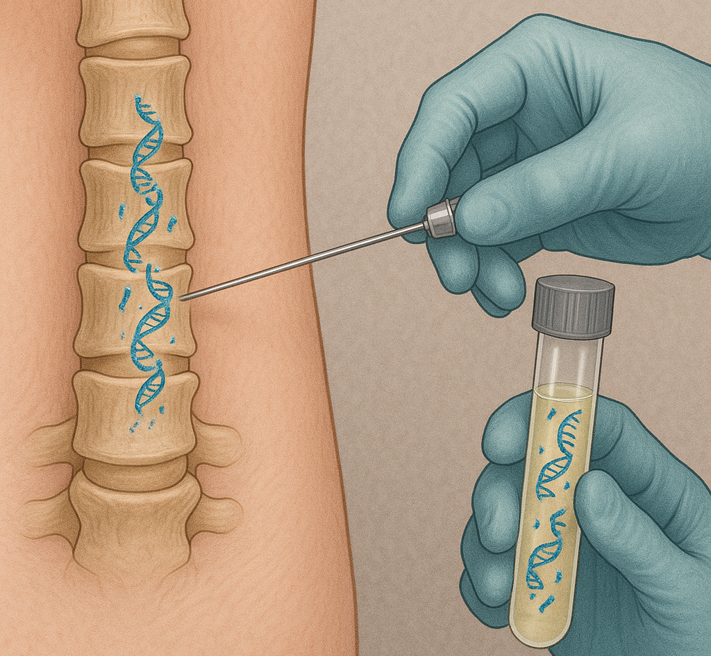 Illustration: Mit einer Pipette wird eine Probe aus dem Rückenmark entnommen.