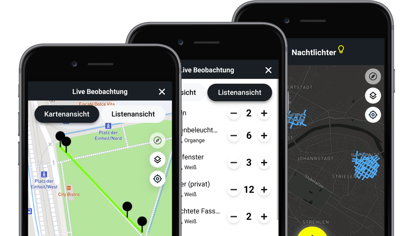 Drei Screenshots der Nachtlichter-App 