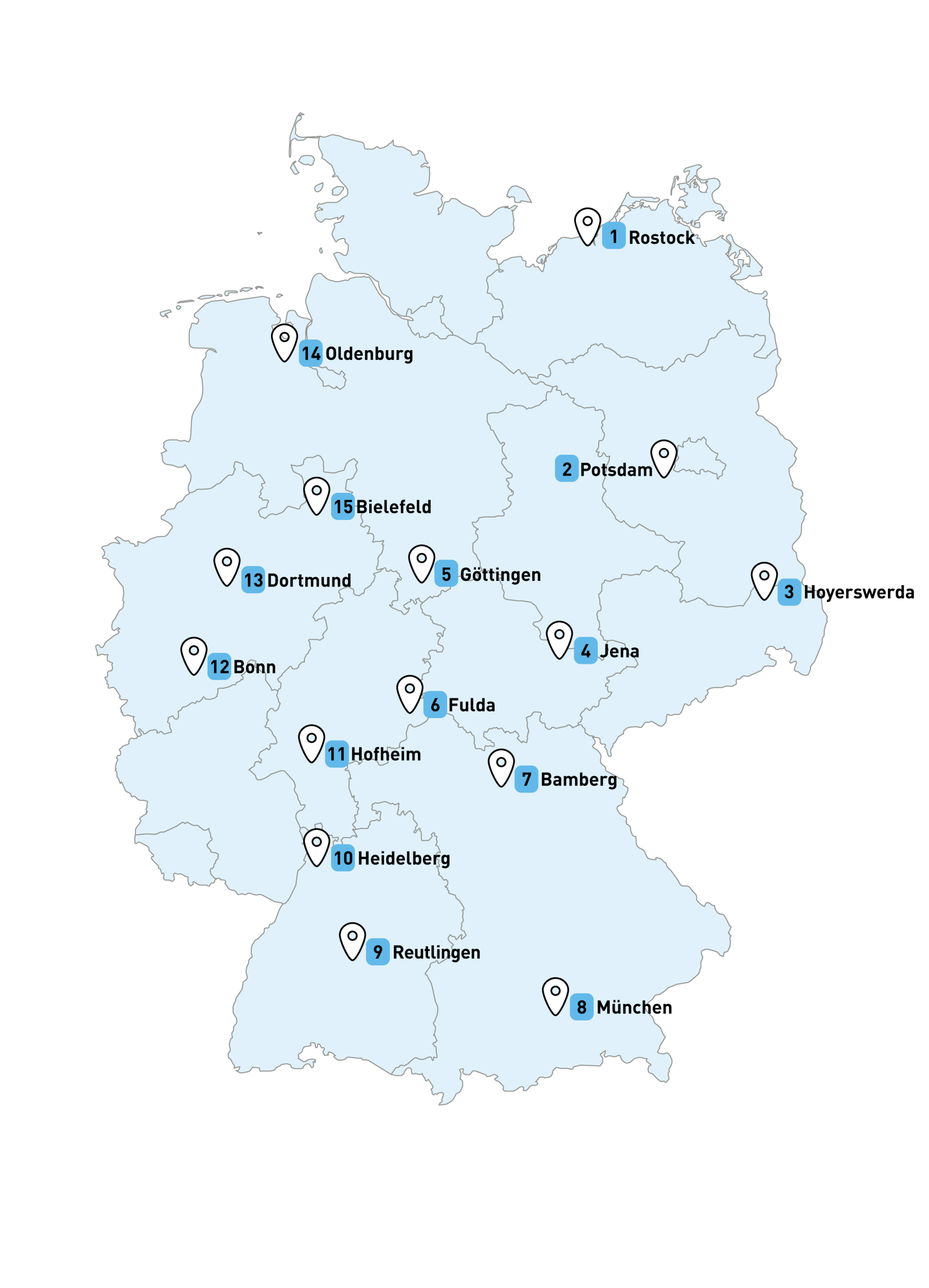 Deutschlandkarte mit allen Standorten von Universe on Tour