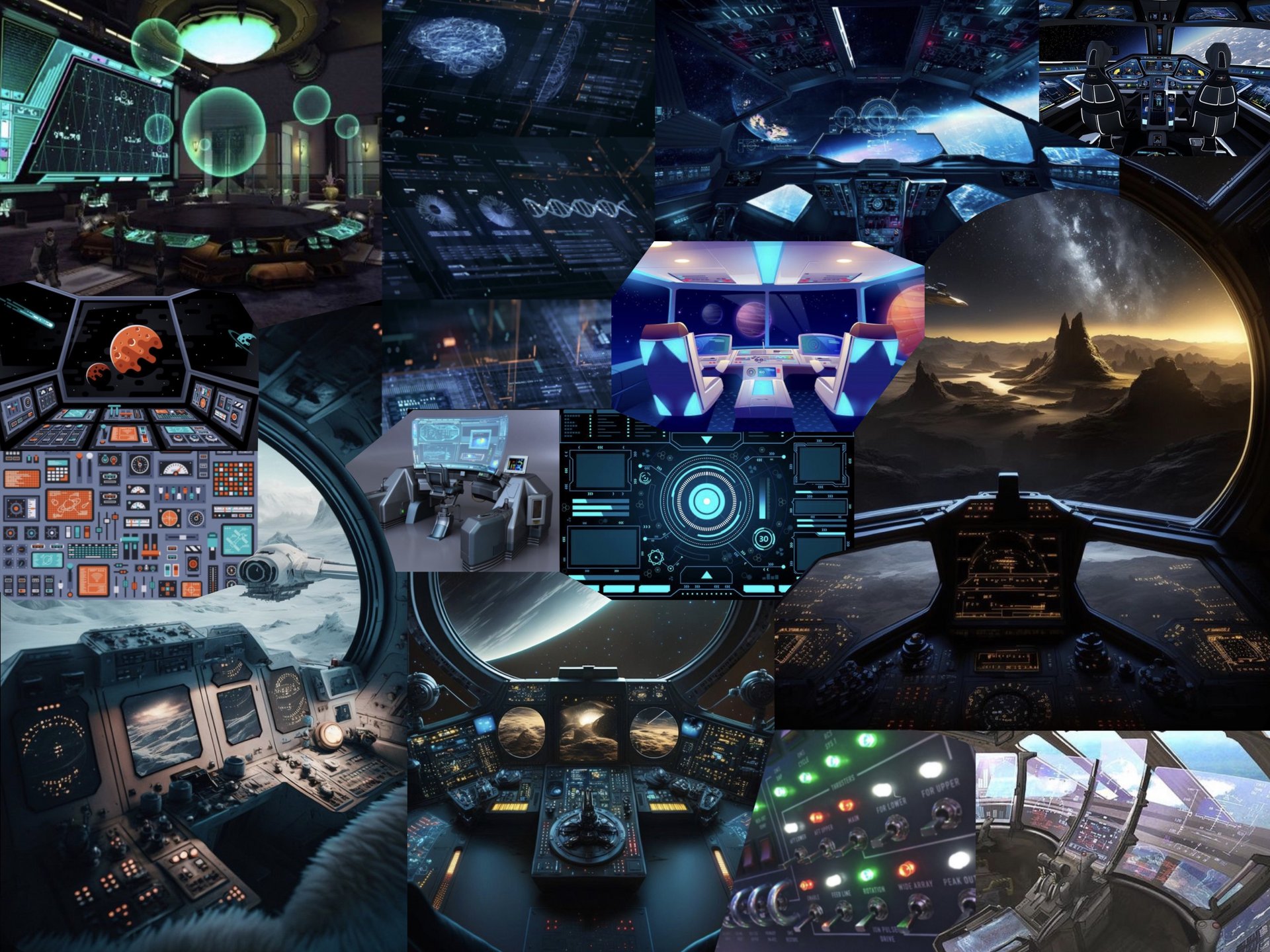 Eine Collage von mehreren Bildern, die Entwürfe für das Cockpit zeigen.