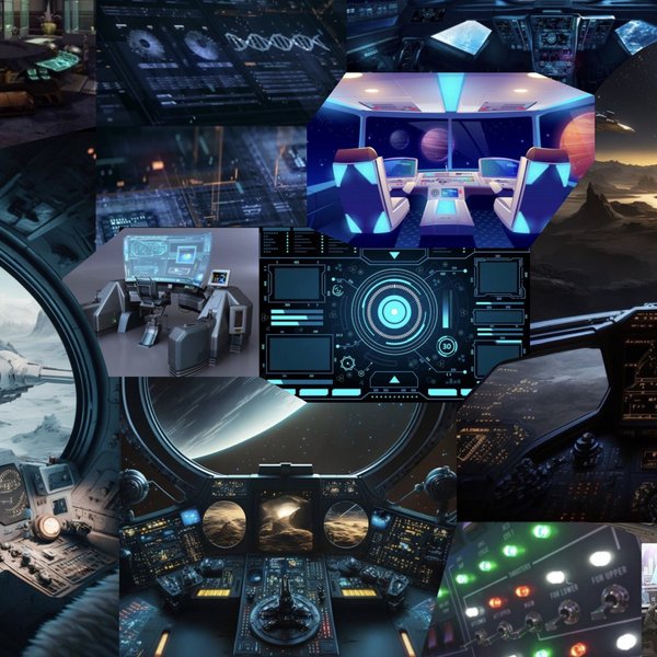 Eine Collage von mehreren Bildern, die Entwürfe für das Cockpit zeigen.