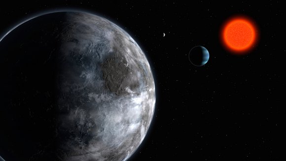 Der Exoplanet Gliese 581 umkreist einen rot leuchtenden Stern.