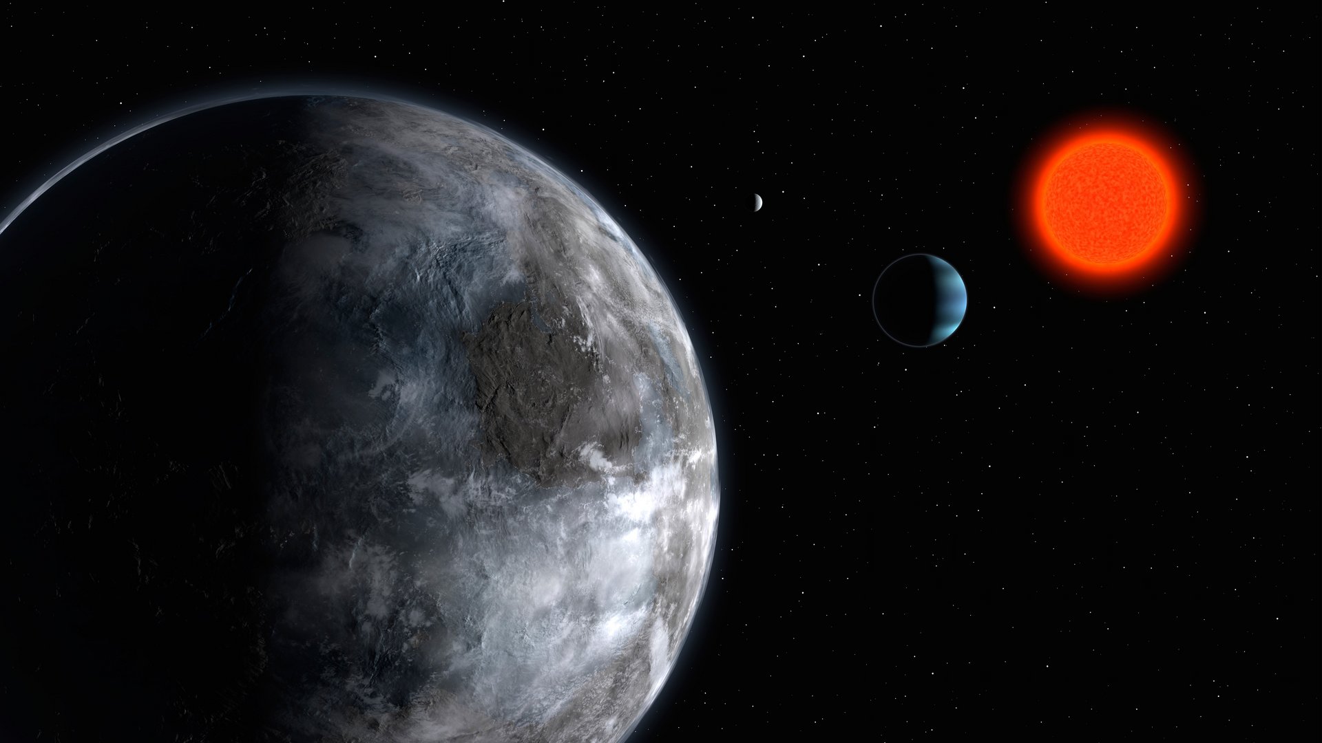 Der Exoplanet Gliese 581 umkreist einen rot leuchtenden Stern.