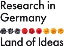 Logo von Research in Germany: 9 Blumen in den Farben der Deutschlandflagge, darunter steht "Land of Ideas"