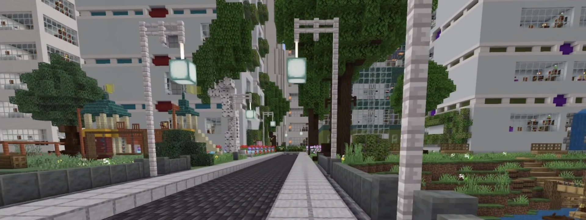 Straße und Häuser in einer Stadt in Minecraft gebaut