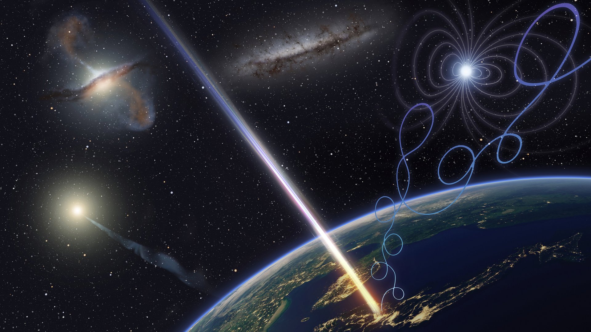 Ein hell leuchtender Streifen stellt das hochenergetische Teilchen dar, welches in Japan auf die Erde bei Nacht trifft, die im Anschnitt zu sehen ist. Der Hintergrund ist dunkel und zeigt noch zwei Galaxien und einen Stern mit Magnetfeldlinien sowie die Sonne, von der auch Teilchenstrahlen auf die Erde treffen.