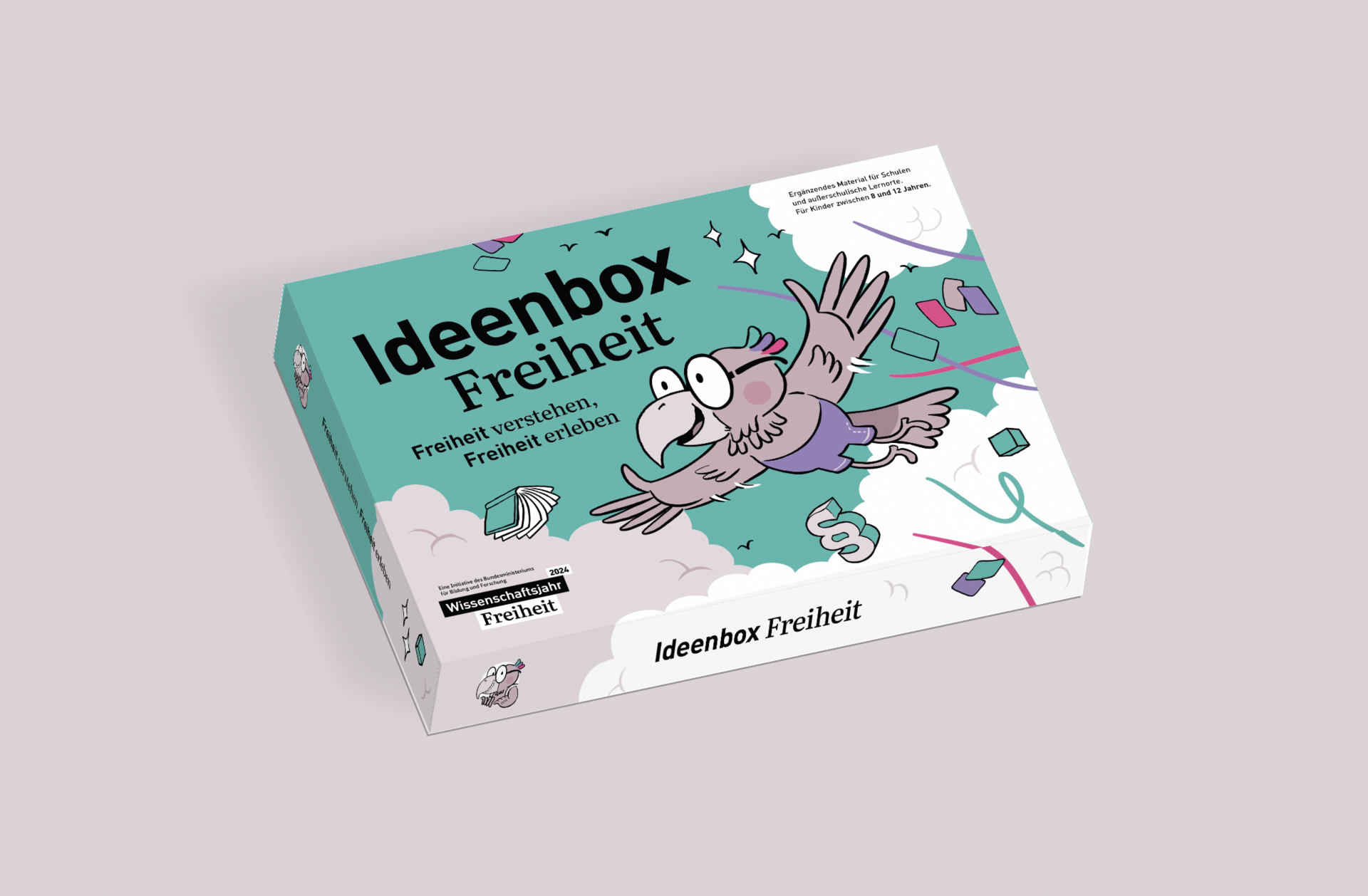 Box mit der Aufschrift "Ideenbox Freiheit" und eine Zeichnung von Adler Nino.