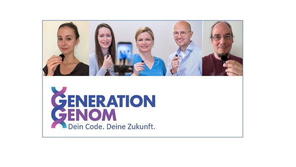 Porträtcollage von fünf Projektbeteiligten mit dem Logo „Generation Genom – Dein Code. Deine Zukunft.“ im unteren Bildbereich.