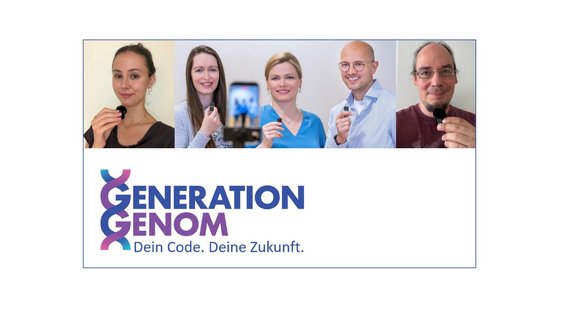 Porträtcollage von fünf Projektbeteiligten mit dem Logo „Generation Genom – Dein Code. Deine Zukunft.“ im unteren Bildbereich.