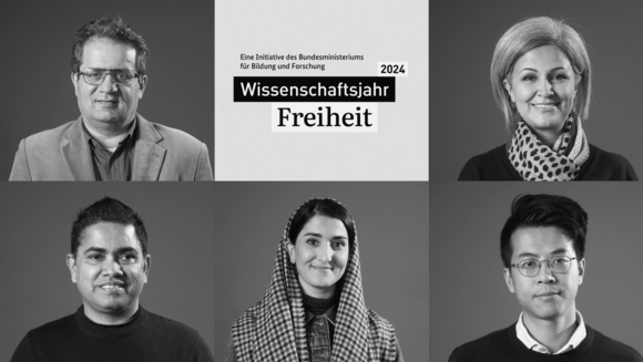 Collage mit den Portraitfotos der Wissenschaftlerinnen und Wissenschaftler und dem Logo des Wissenschaftsjahres 2024 - Freiheit