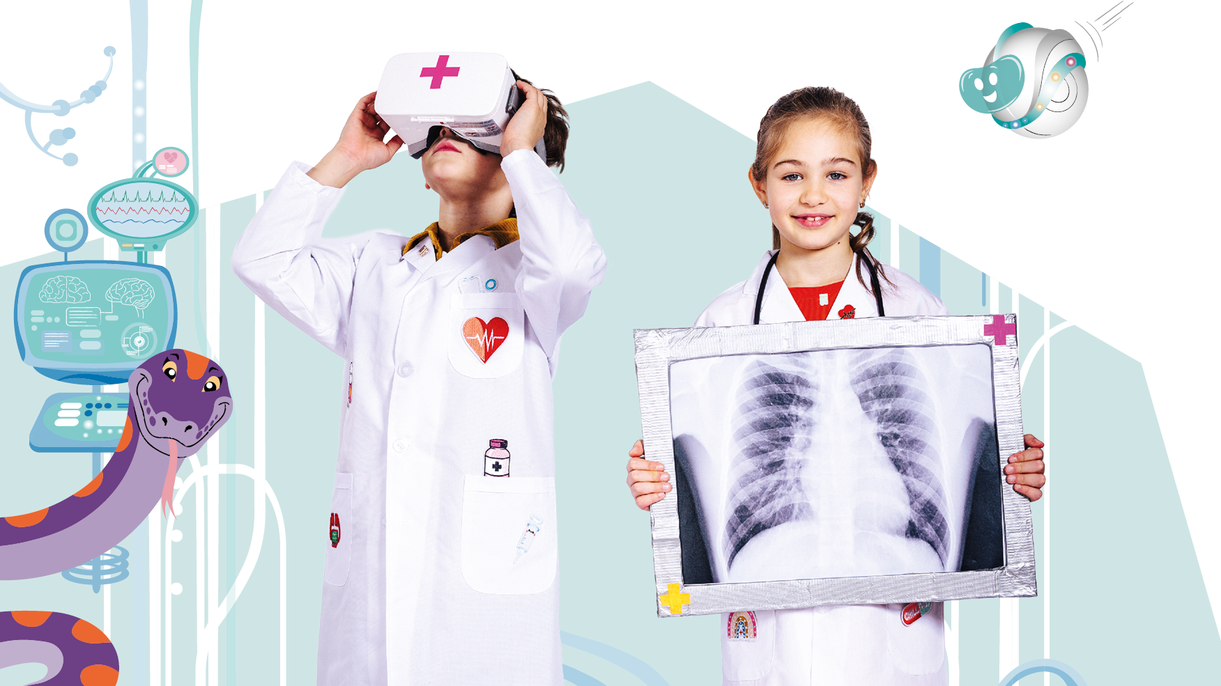 Zwei Kinder stehen nebeneinander, eins schaut in eine VR-Brille, eins hält ein Röntgenbild hoch.