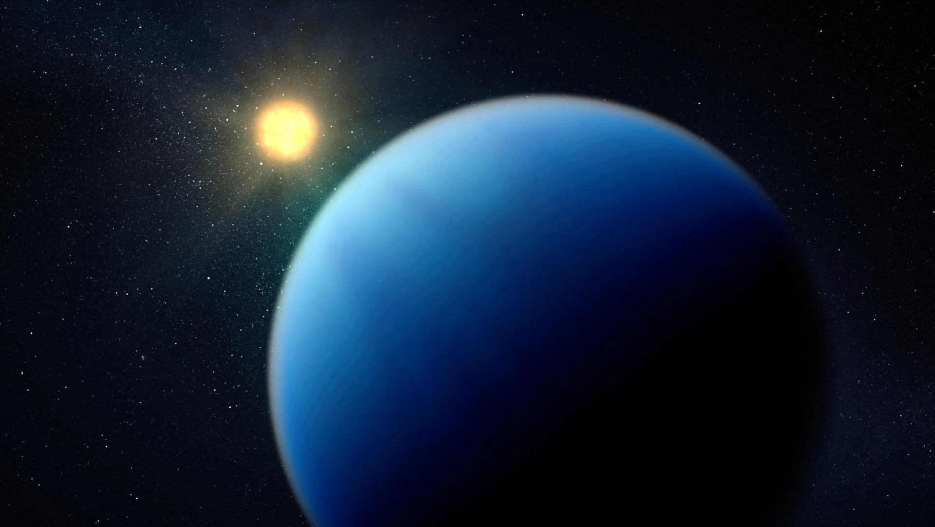 Ein großer blauer Planet und eine kleine helle Sonne vor einem dunklen Sternenhimmel
