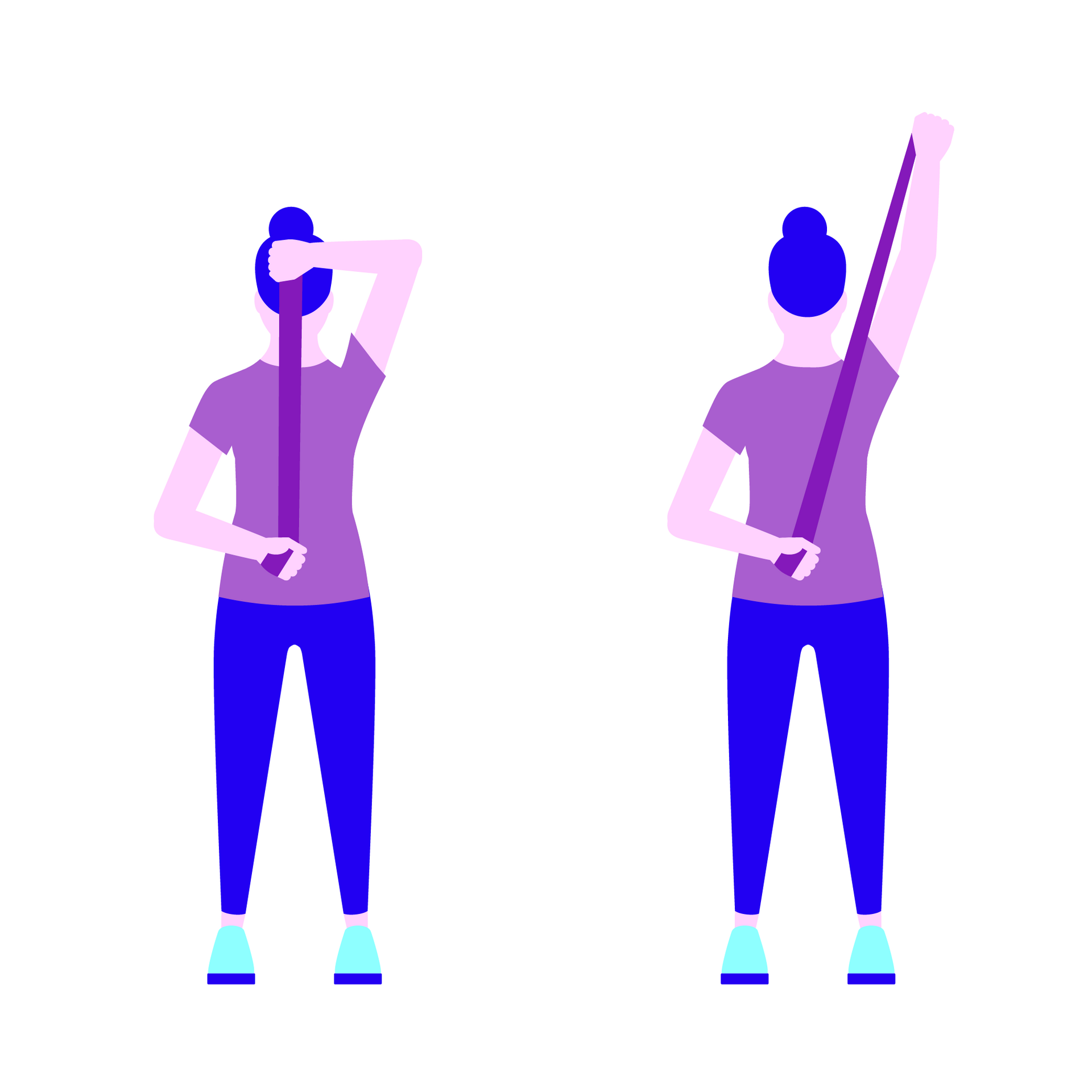Zwei Abbildungen einer illustrierten Person, die ein Fitnessband mit beiden Händen hinter den Rücken hält. In einer Position hält sie es locker, in der anderen dehnt sie das Band, indem sie einen Arm nach oben streckt.