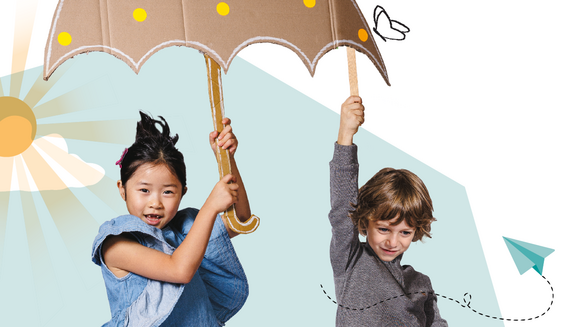 Collage mit zwei Kindern unter einem Regenschirm.