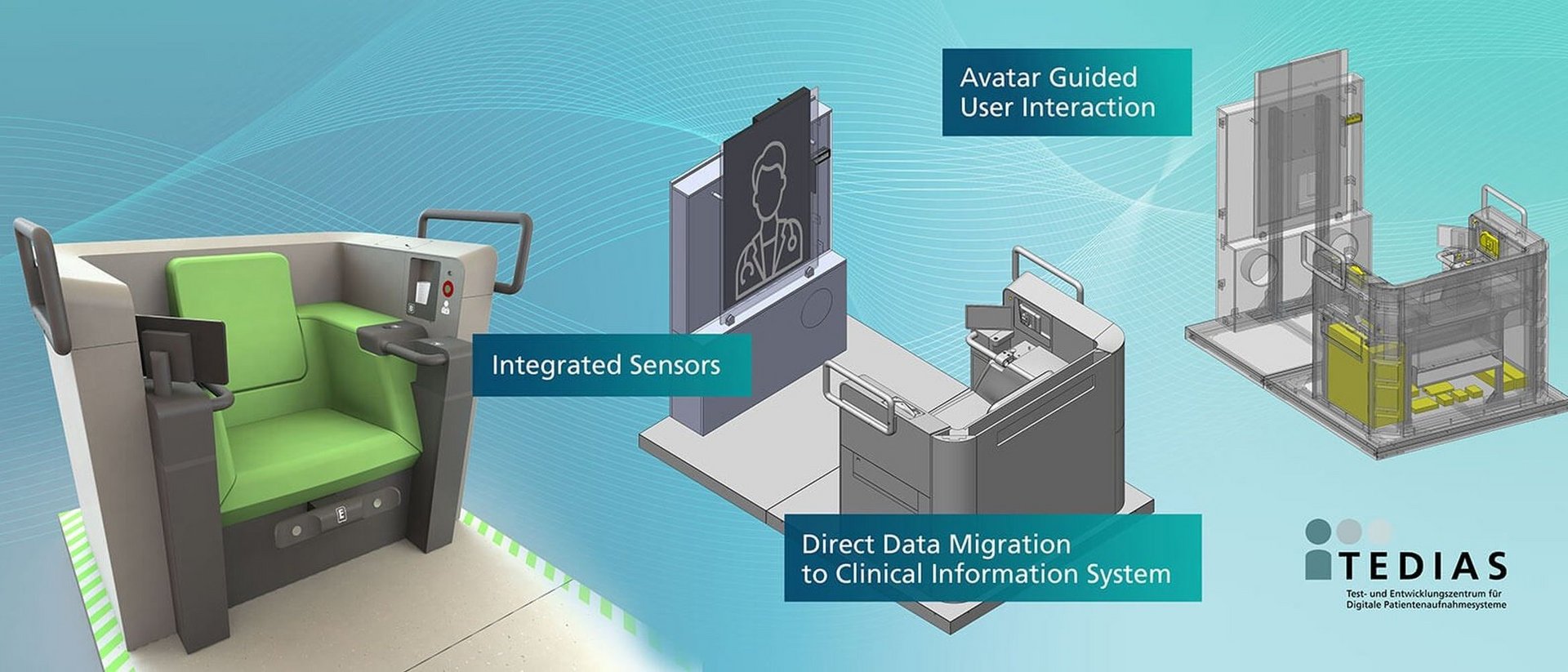 Graphische Darstellung der Aufnahmestation TEDIAS, die den Anamneseprozess digitalisiert: In einem Sessel messen Biosensoren automatisch Vitalparameter, ein Avatar führt durch den Fragebogen.