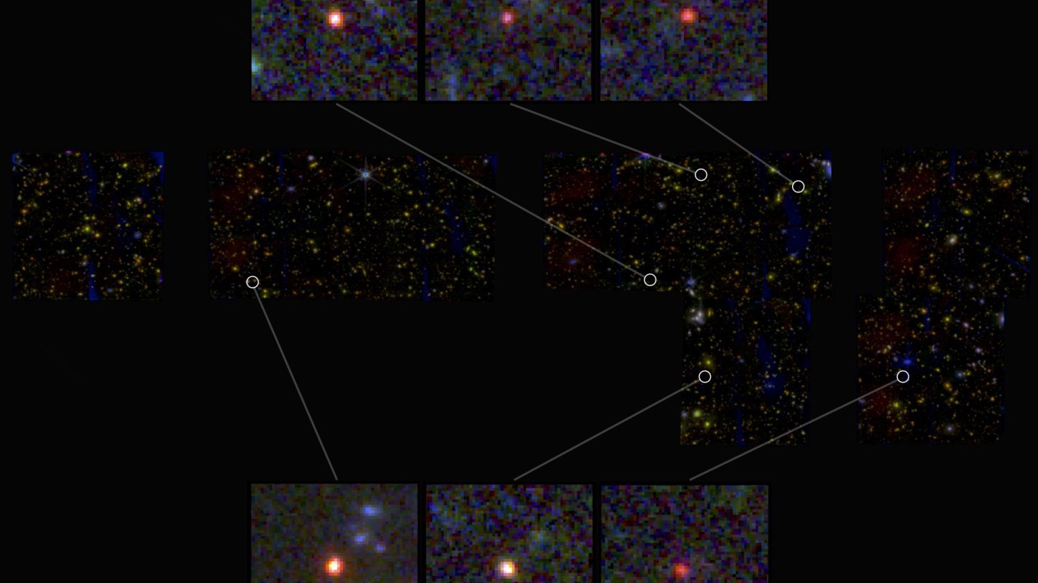 Die sechs neu entdeckten Galaxien, sichtbar als helle rote Punkte. 