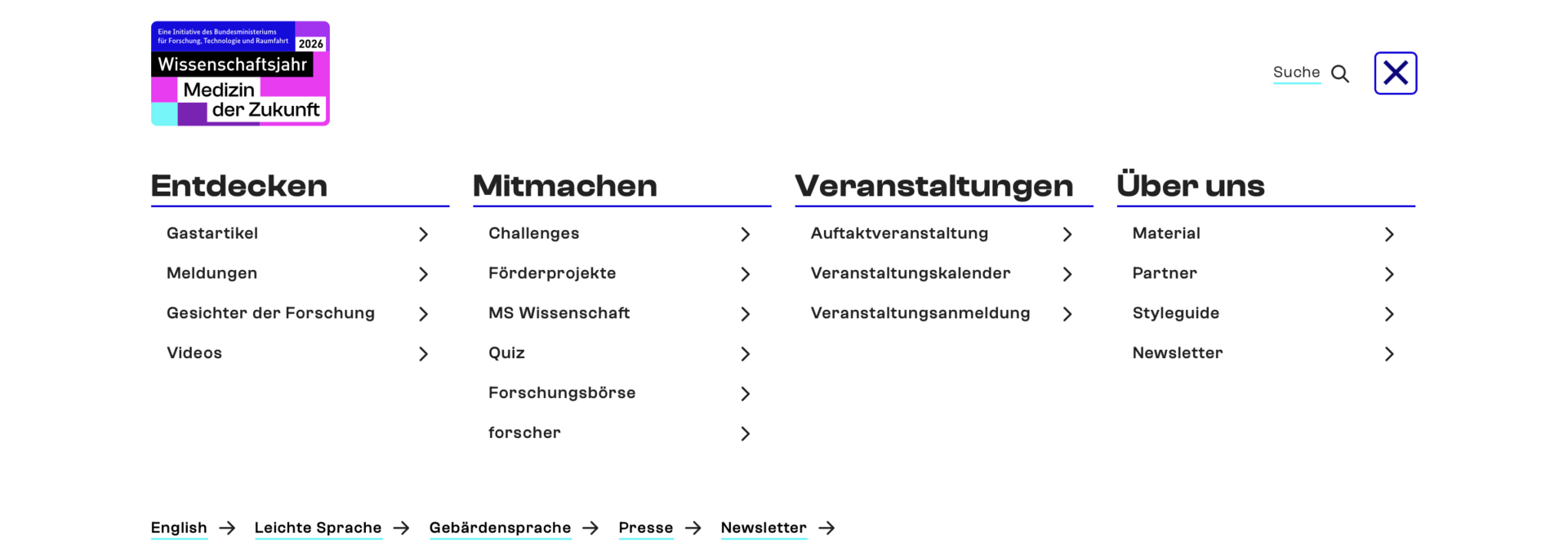 Menü der Internetseite www.wissenschaftsjahr.de/2026