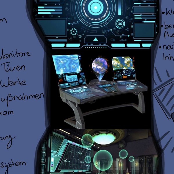 Ein Moodboard zum Entwurf des Cockpits. In der Mitte sind exemplarische Bilder, links und rechts kurze Notizen.