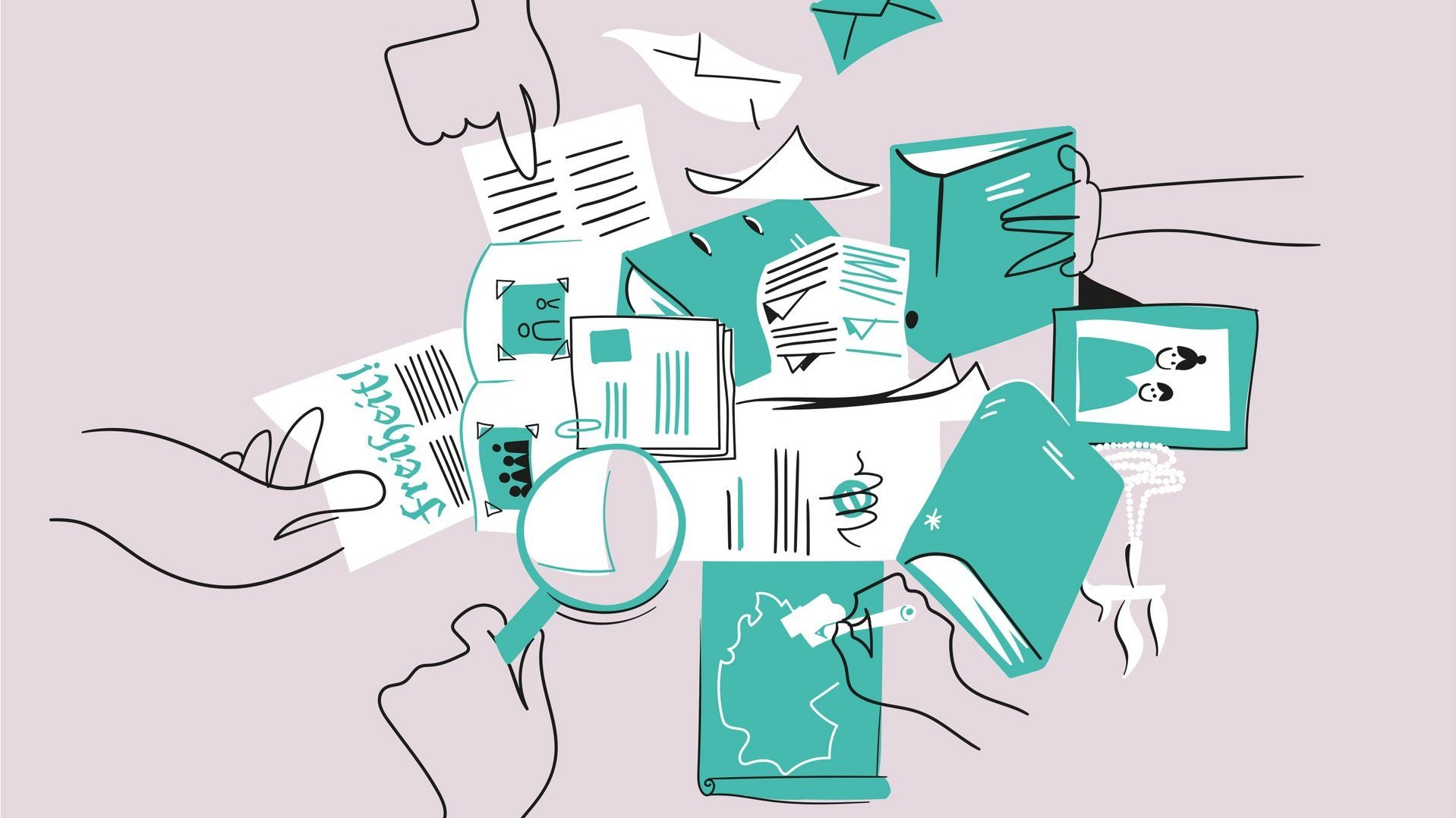 Illustration von Händen, die Papiere, Karten und Bücher untersuchen.