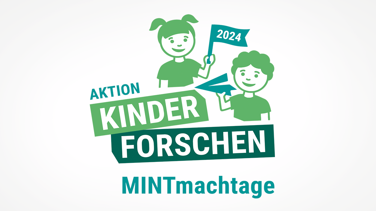 Schriftzug "Stiftung Kinder Forschen" mit der Unterschrift "MINTmachtage", darüber eine Zeichung von zwei Kindern.