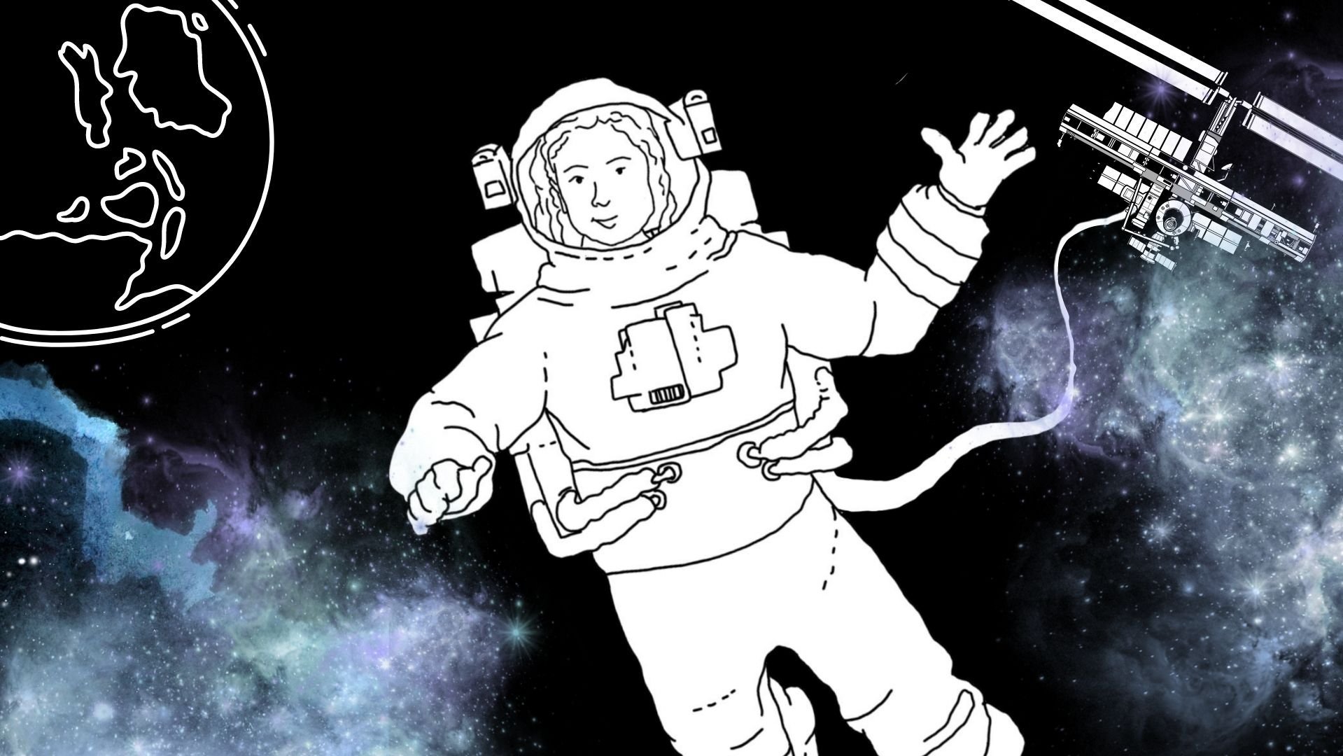 Eine schwarz-weiß Zeichnung einer Astronautin, im Hintergrund ist eine bunte Galaxie zu sehen.