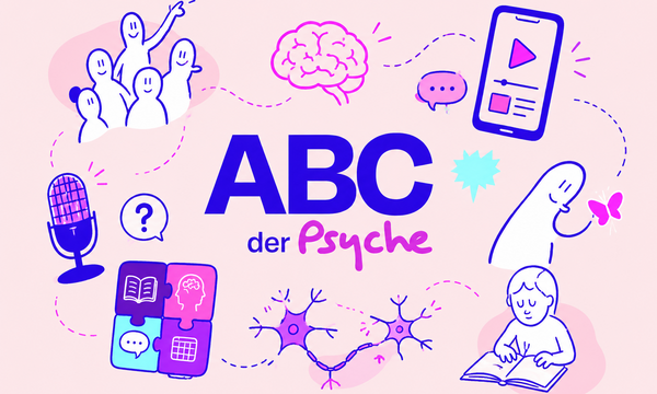Illustration mit mittigem Schriftzug „ABC der Psyche“, umgeben von Symbolen für psychische Gesundheit, darunter Gehirn, Mikrofon, Smartphone, Sprechblasen, Buch, Nervenzellen und Personen.