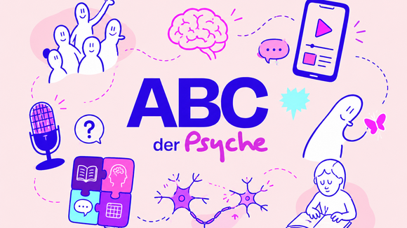 Illustration mit mittigem Schriftzug „ABC der Psyche“, umgeben von Symbolen für psychische Gesundheit, darunter Gehirn, Mikrofon, Smartphone, Sprechblasen, Buch, Nervenzellen und Personen.