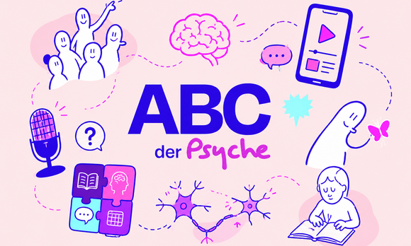 Illustration mit mittigem Schriftzug „ABC der Psyche“, umgeben von Symbolen für psychische Gesundheit, darunter Gehirn, Mikrofon, Smartphone, Sprechblasen, Buch, Nervenzellen und Personen.