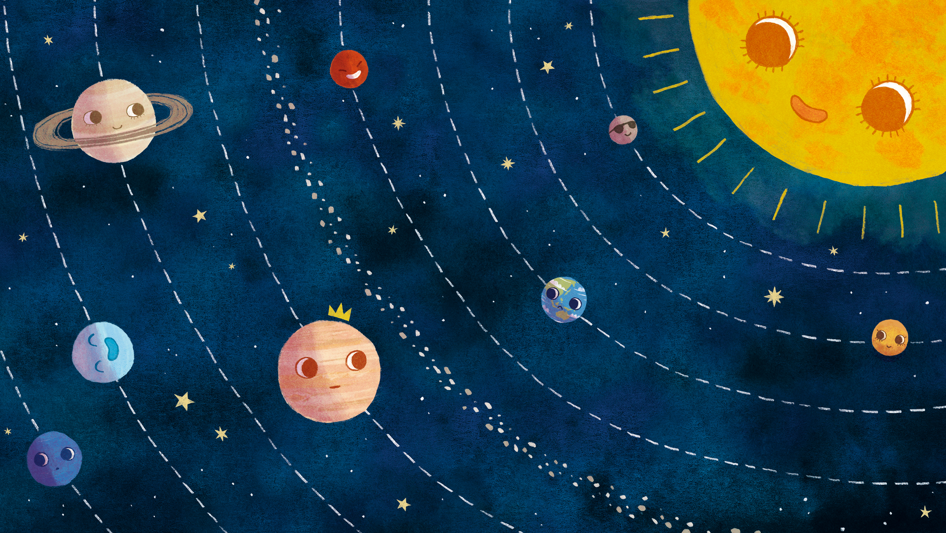 Illustration von Maren Hasenjäger: Unser Sonnensystem, dargestellt mit lächelnden Planeten. Die Sonne befindet sich in der rechten oberen Ecke und schaut auf die acht Planeten, die in regelmäßigen Abständen verteilt sind.